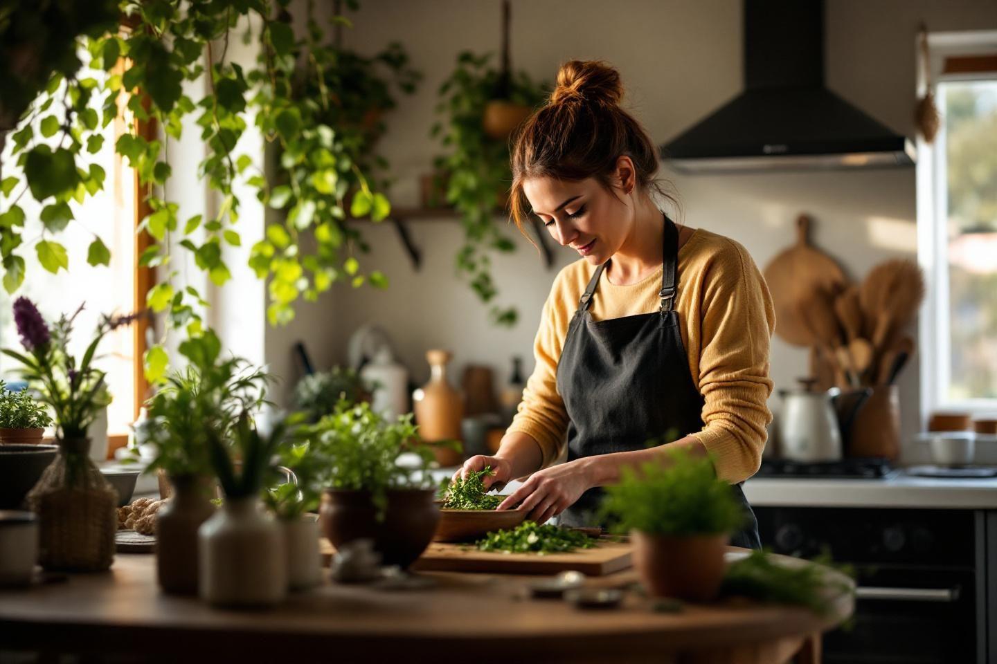 Femme pr&eacute;parant des herbes fra&icirc;ches dans une cuisine lumineuse