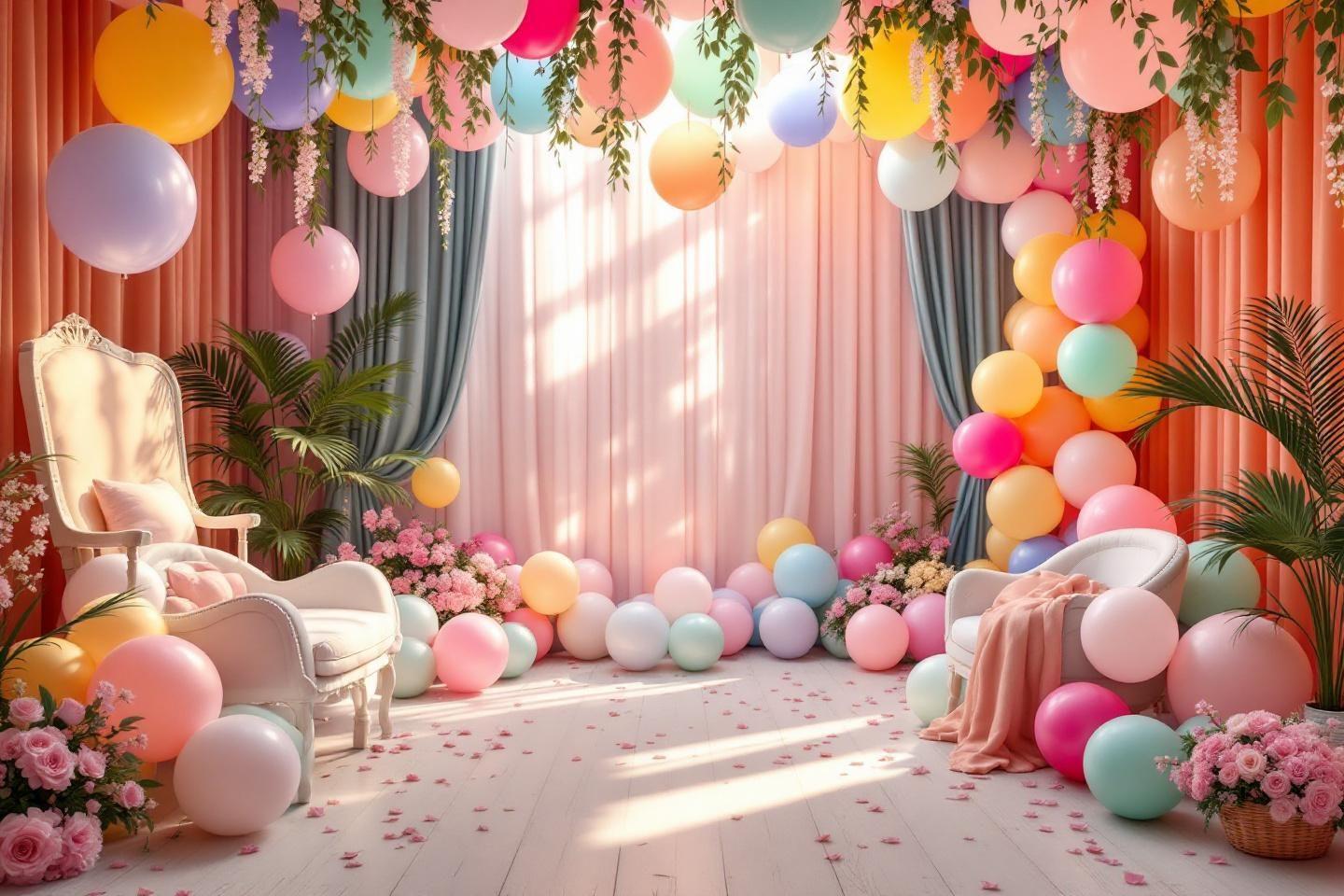 Espace décoré avec des ballons colorés et des fleurs roses