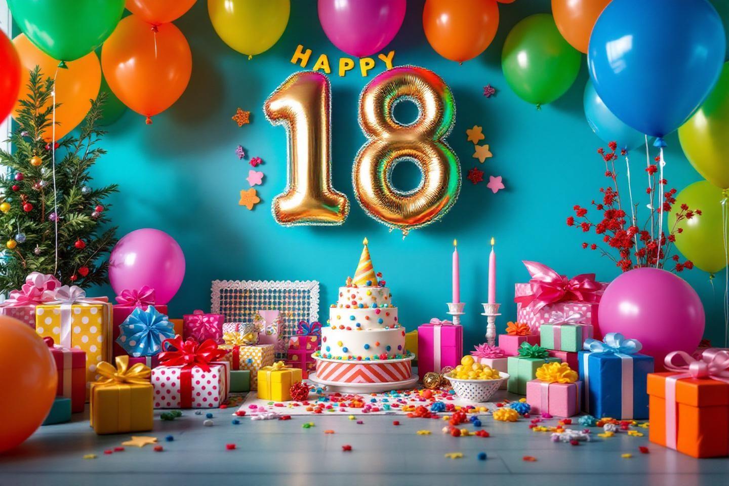Ballons, cadeaux et gâteau colorés pour un anniversaire de 18 ans