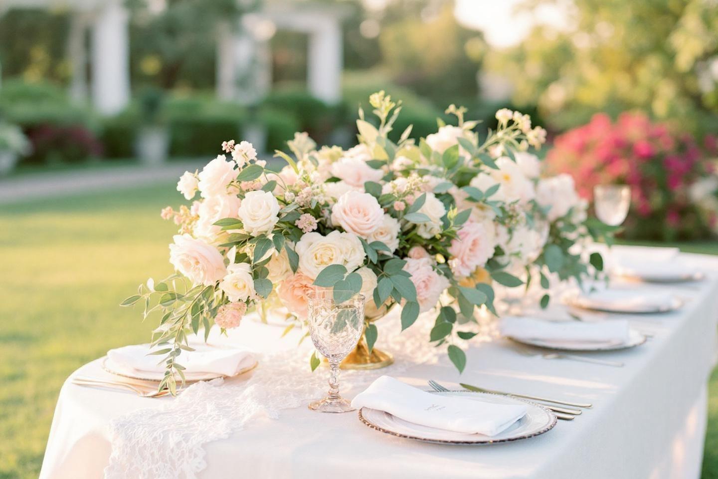 Table de mariage avec centre de table en roses pastel et verdure