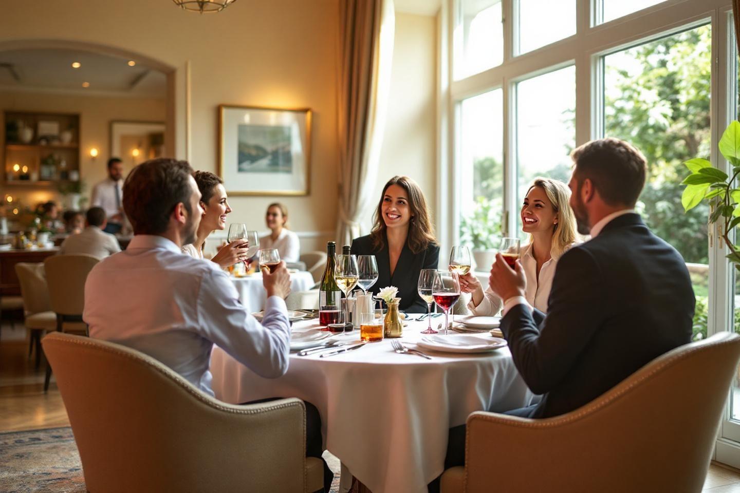 Groupe de professionnels d&icirc;nant avec des verres de vin