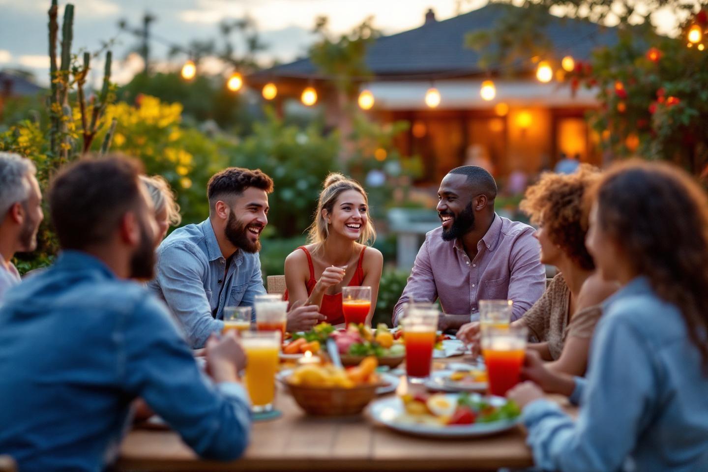 Groupe d'amis riant autour d'un repas en plein air