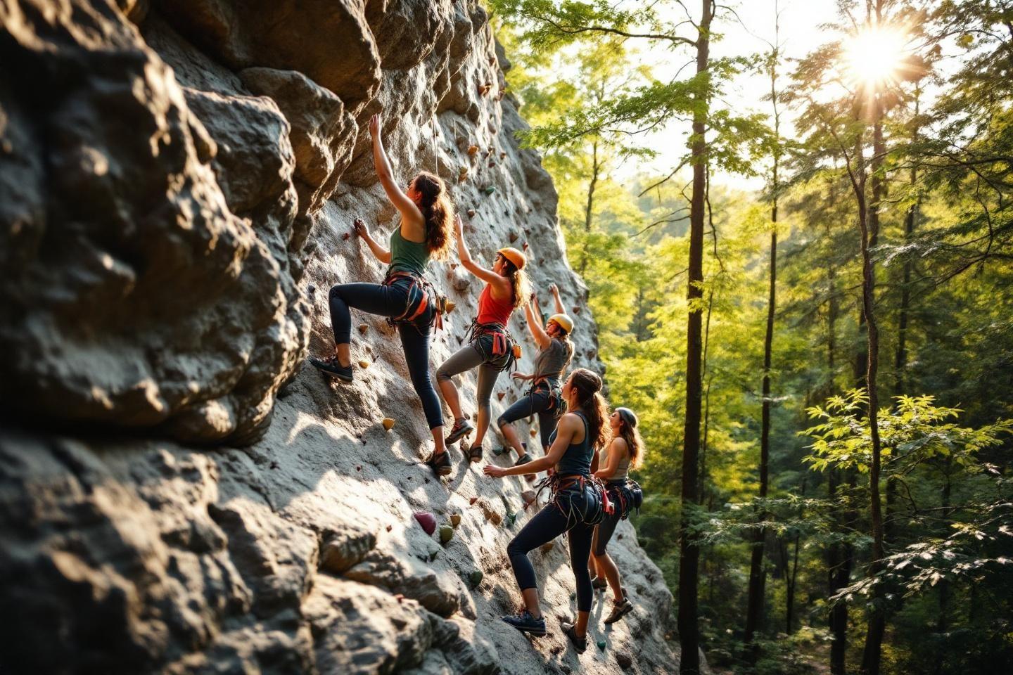 Grimpeurs sur paroi rocheuse ensoleill&eacute;e en milieu forestier