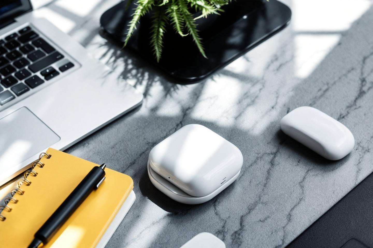 Bureau avec ordinateur portable, écouteurs, carnet jaune et plante