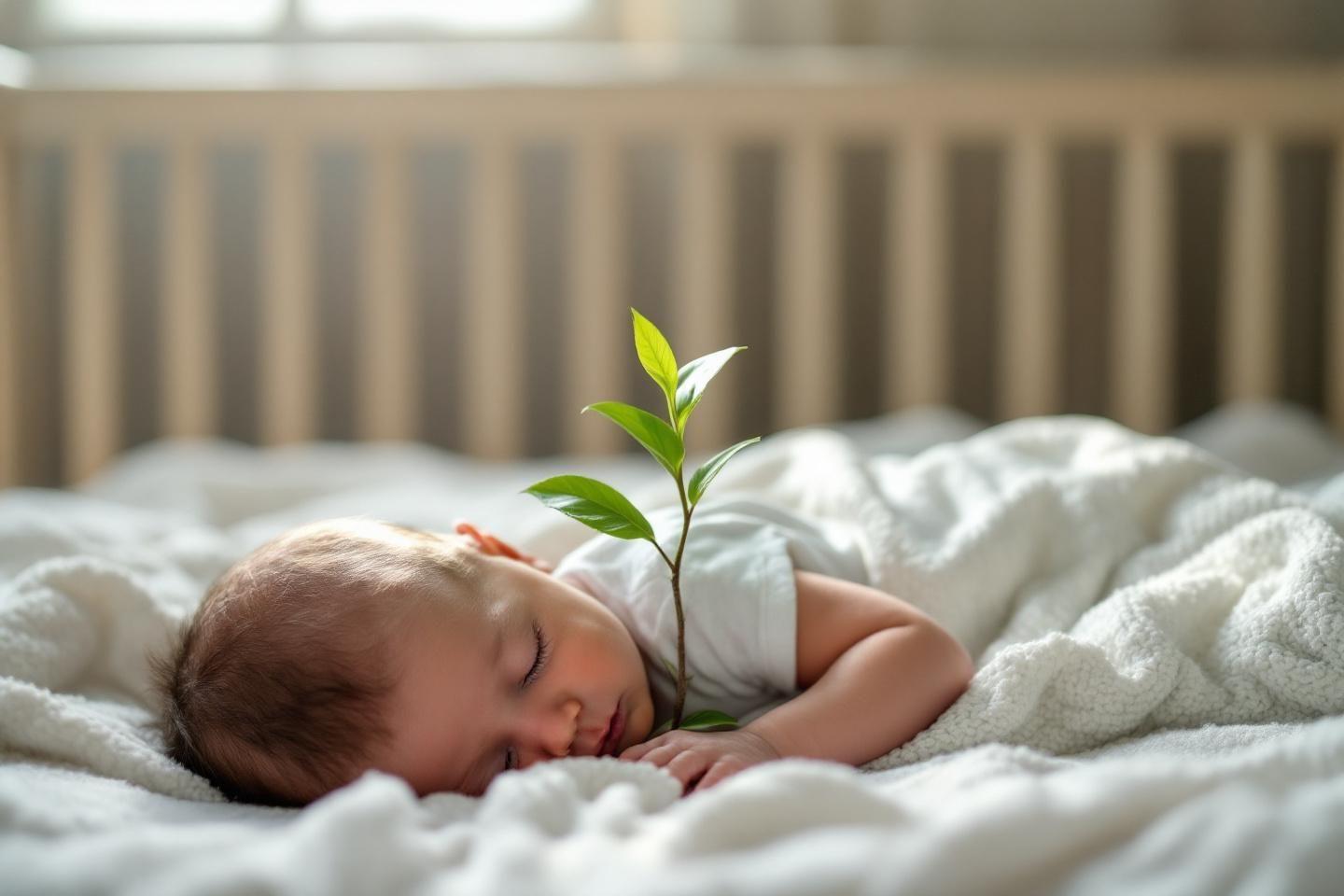 Bébé paisiblement endormi avec une jeune pousse verte