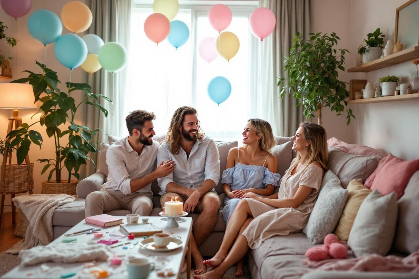 Groupe d'amis souriants, canapé décoré de ballons colorés