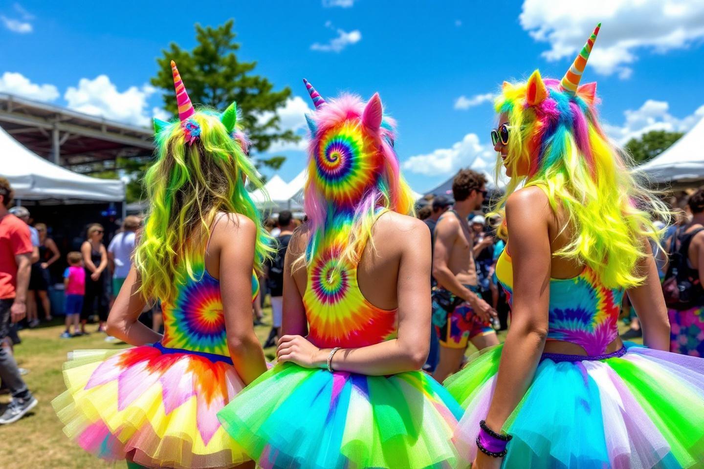 Trois personnes en costumes de licorne color&eacute;s de dos