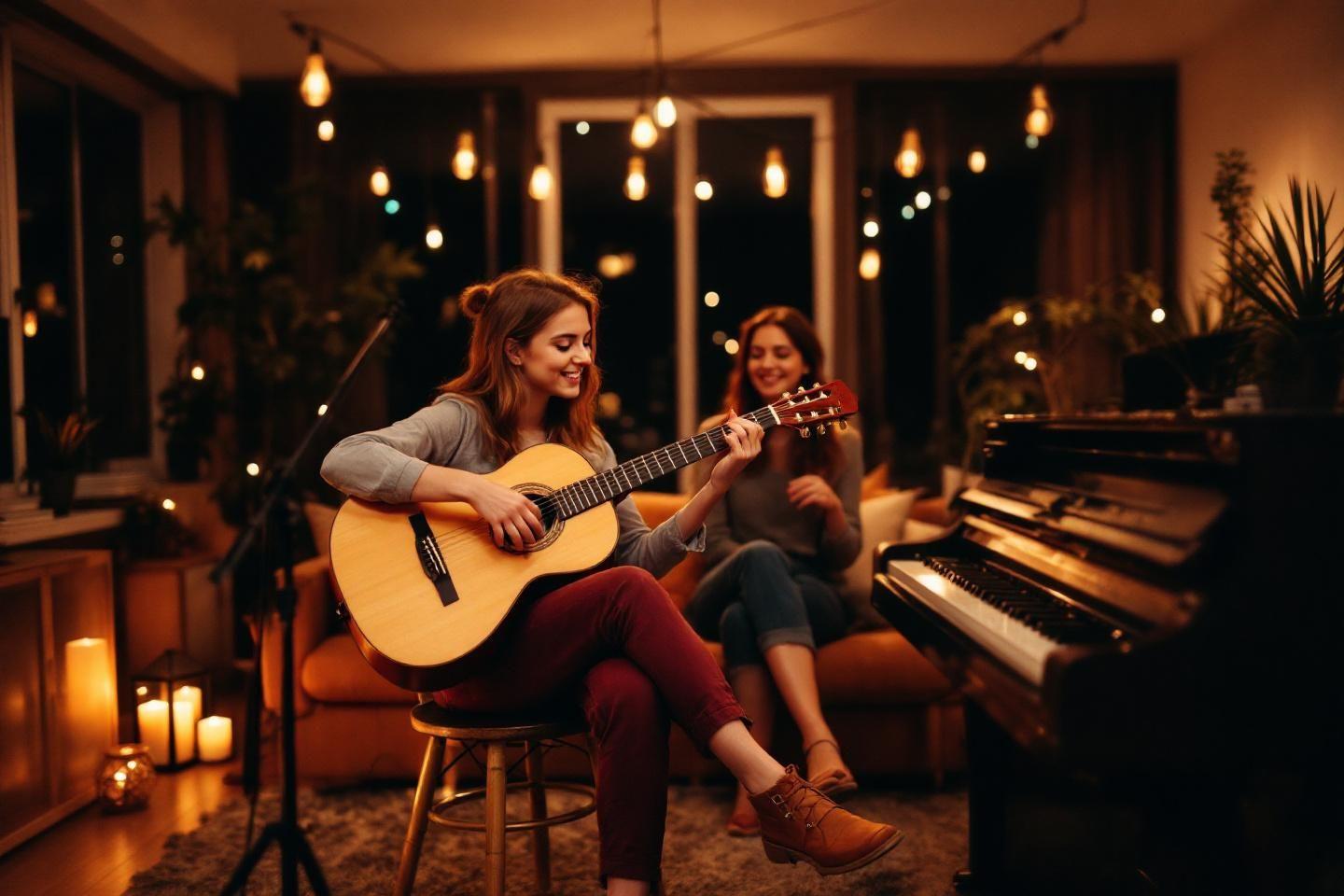 Femme jouant de la guitare pr&egrave;s d'un piano avec des bougies