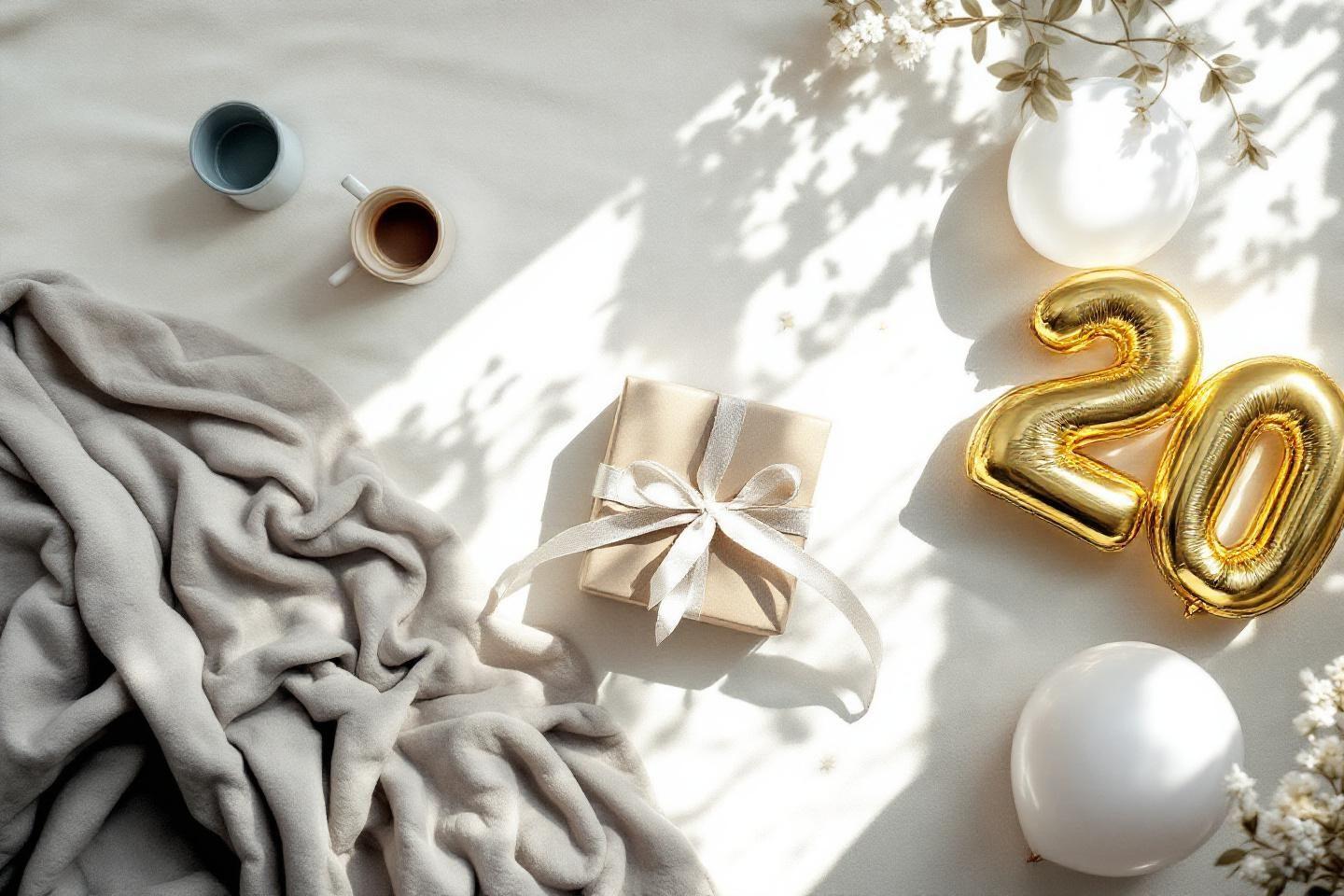 Décorations de Noël avec couverture, cadeaux et ballons dorés