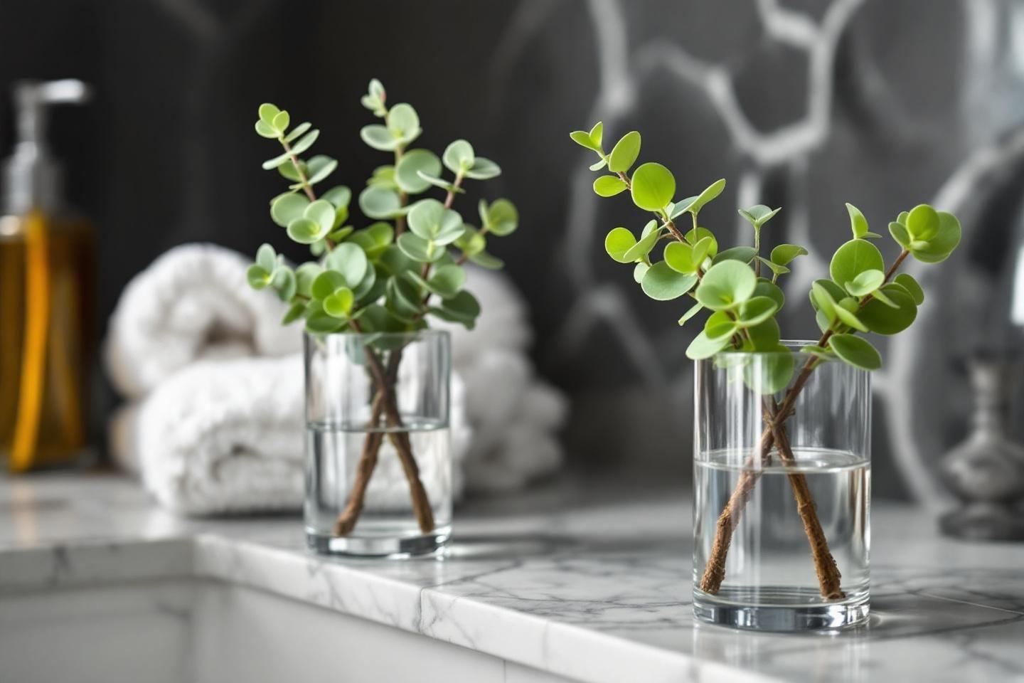 Tiges vertes dans des verres sur un comptoir en marbre