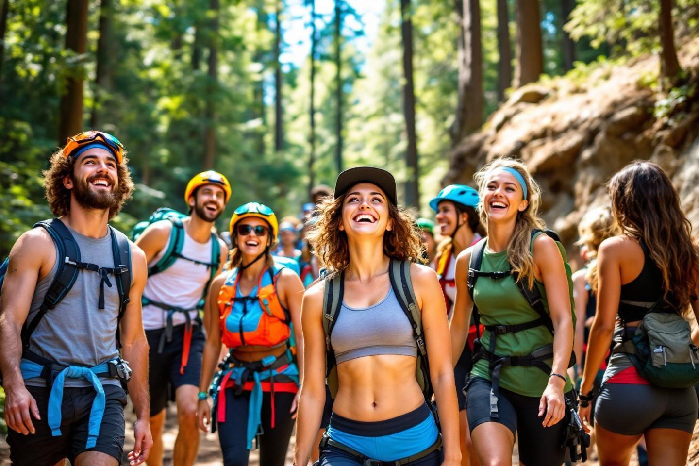 Groupe de randonneurs souriants avec casques et sacs à dos