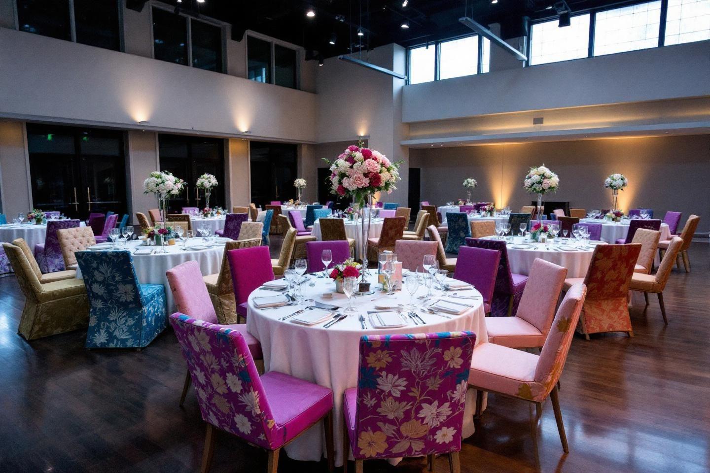 Tables rondes d&eacute;cor&eacute;es avec des chaises color&eacute;es et bouquets