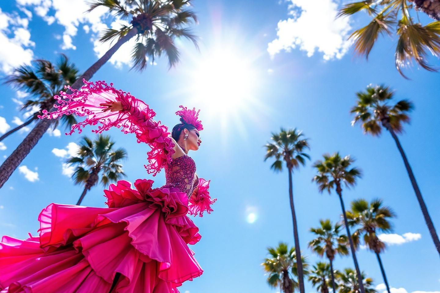 Robe de danse rose virevoltante sous un ciel bleu ensoleill&eacute;