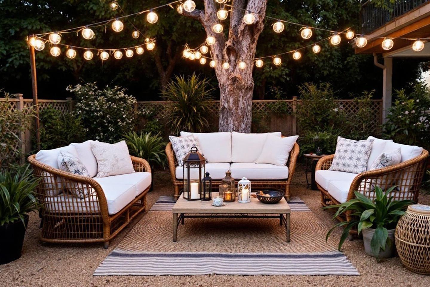 Canap&eacute;s en rotin sous des guirlandes lumineuses, pr&egrave;s d'un grand arbre