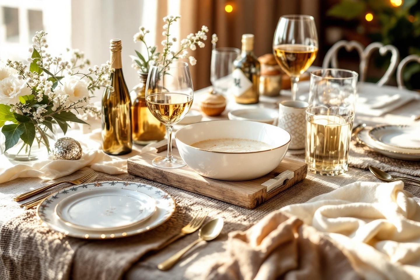 Table dress&eacute;e avec vaisselle blanche, verres &agrave; vin et fleurs