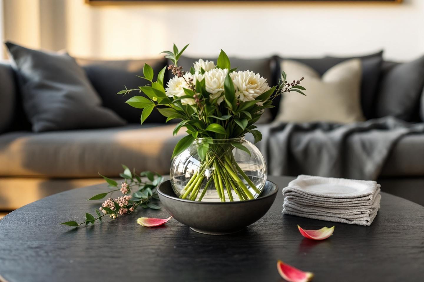 Vase de fleurs blanches sur table sombre avec canapé gris
