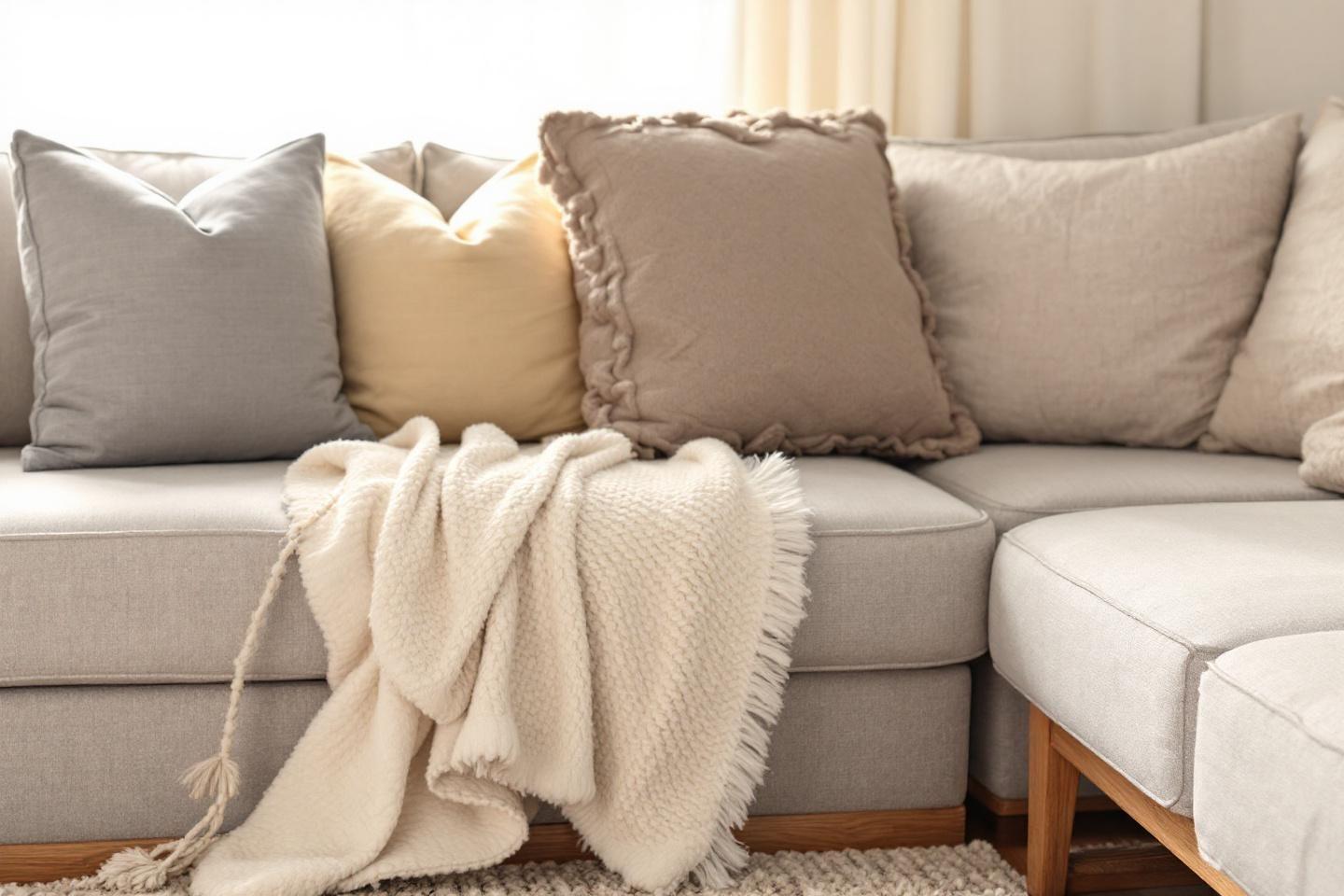 Canap&eacute; beige avec coussins et plaid textur&eacute; moelleux