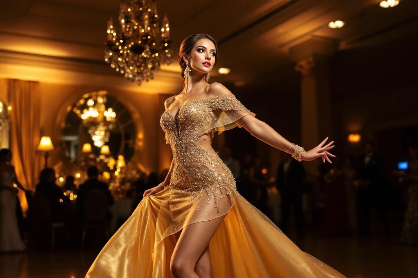 Femme en robe scintillante dansant dans une salle de bal luxueuse