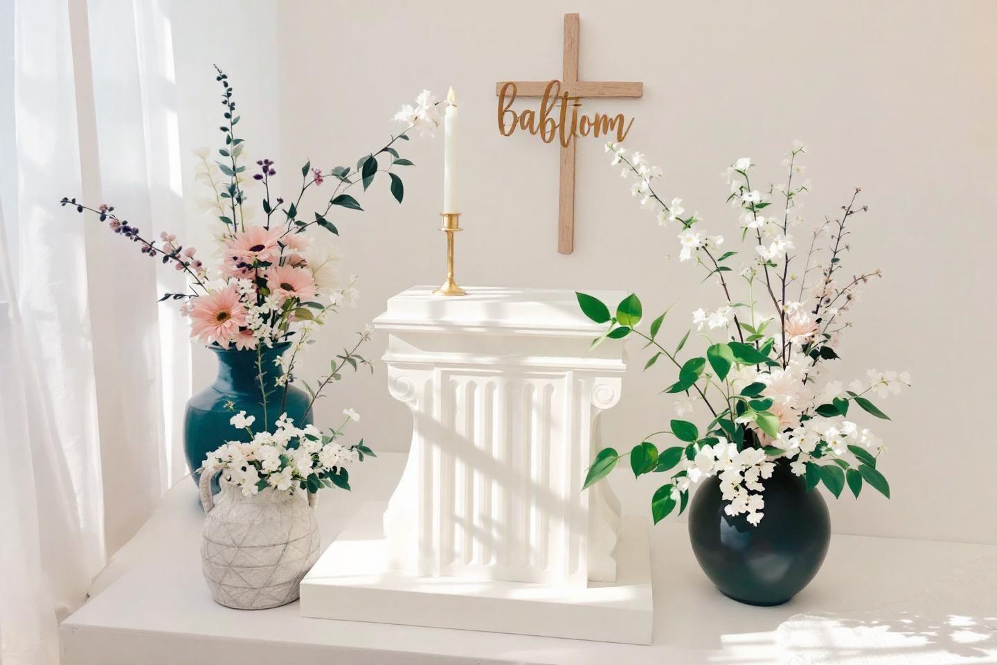 Autel blanc avec fleurs, croix et bougie pour bapt&ecirc;me