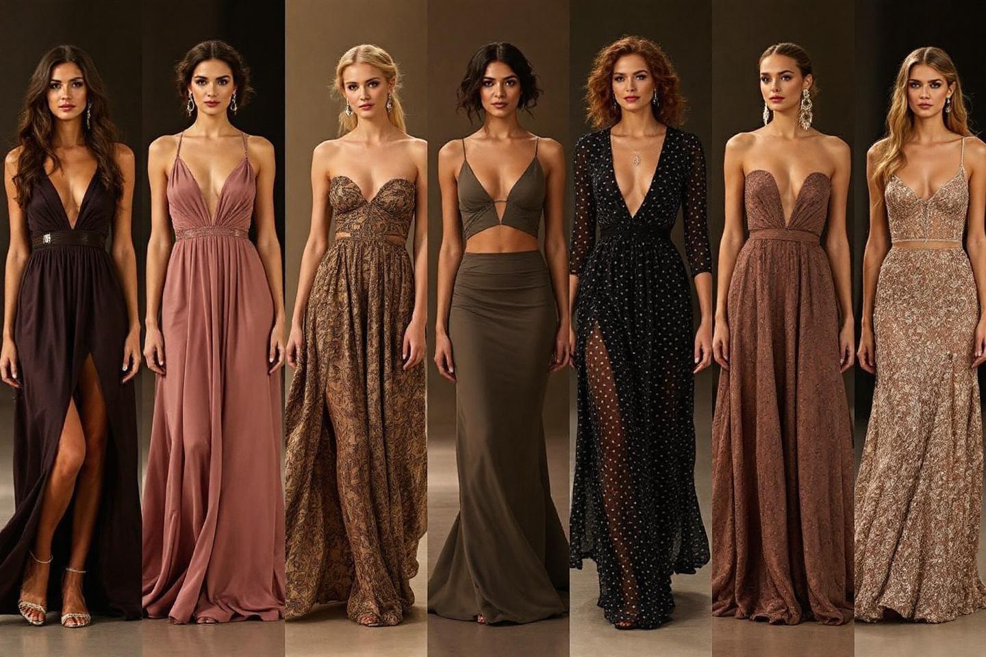 Sept mannequins portant des robes longues dans des tons neutres