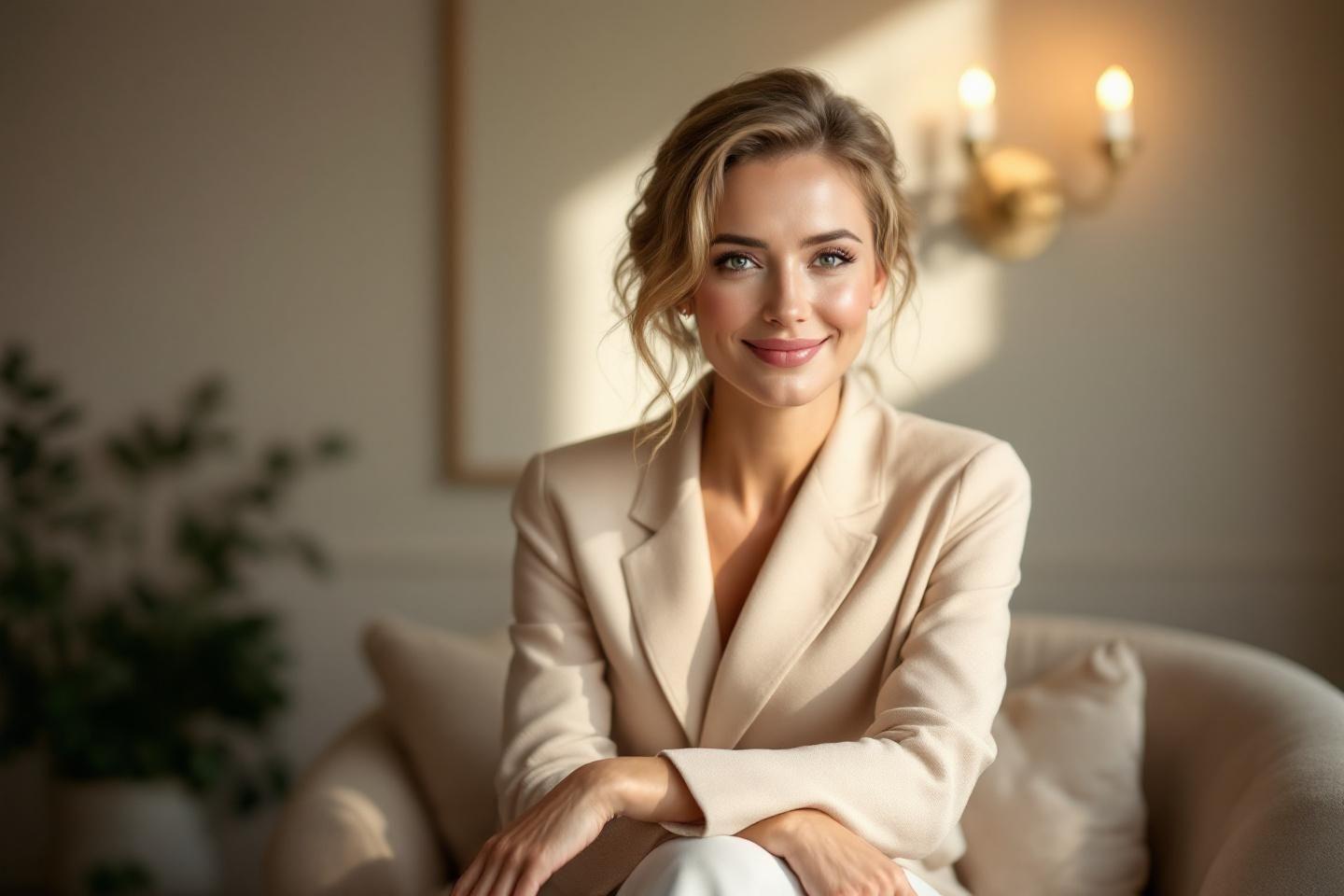 Femme professionnelle en blazer beige assise avec confiance