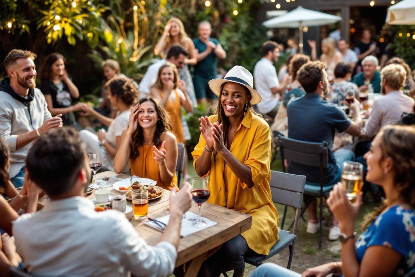 Groupe d'amis c&eacute;l&eacute;brant ensemble lors d'un &eacute;v&eacute;nement convivial