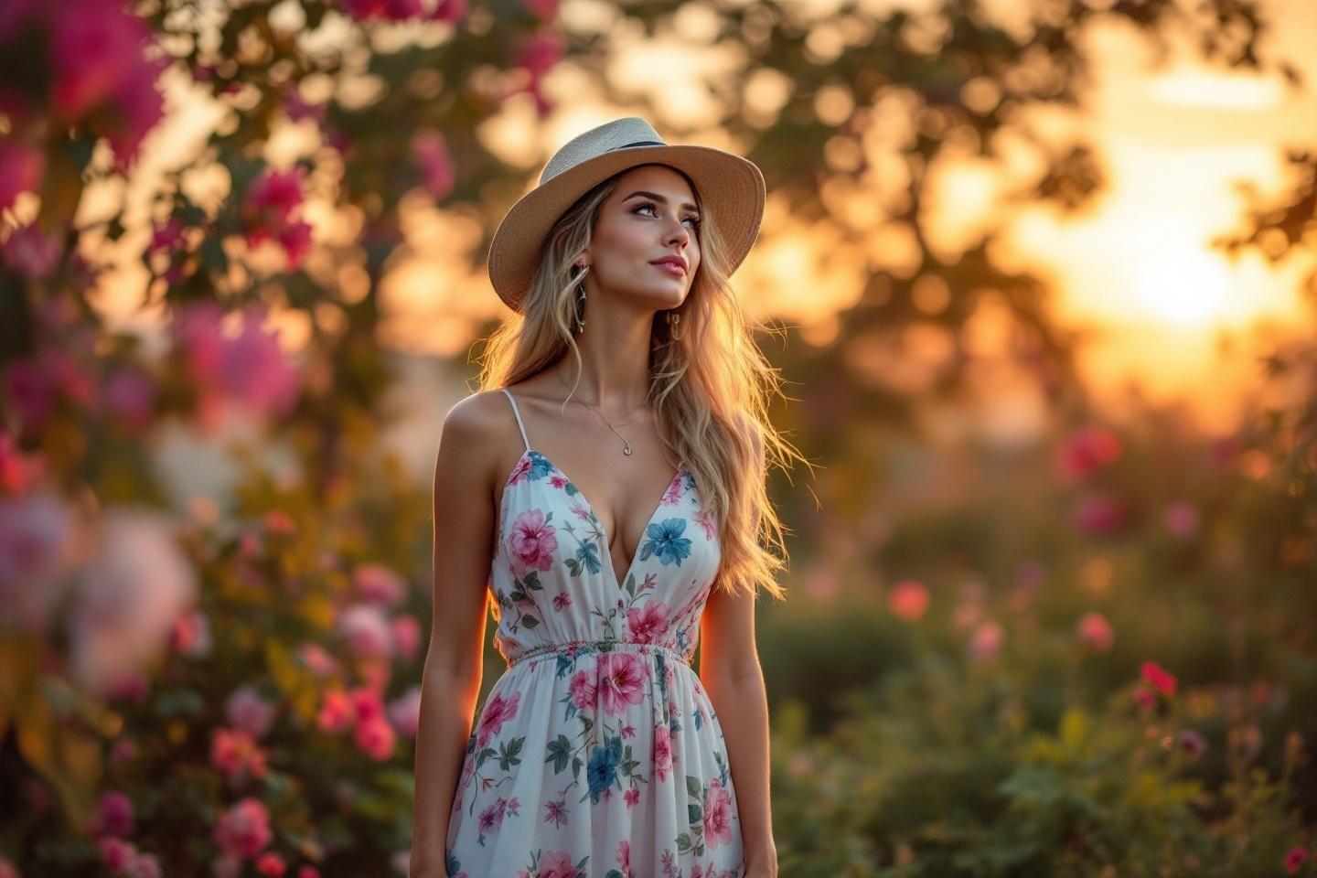 Femme en robe fleurie et chapeau dans un jardin lumineux