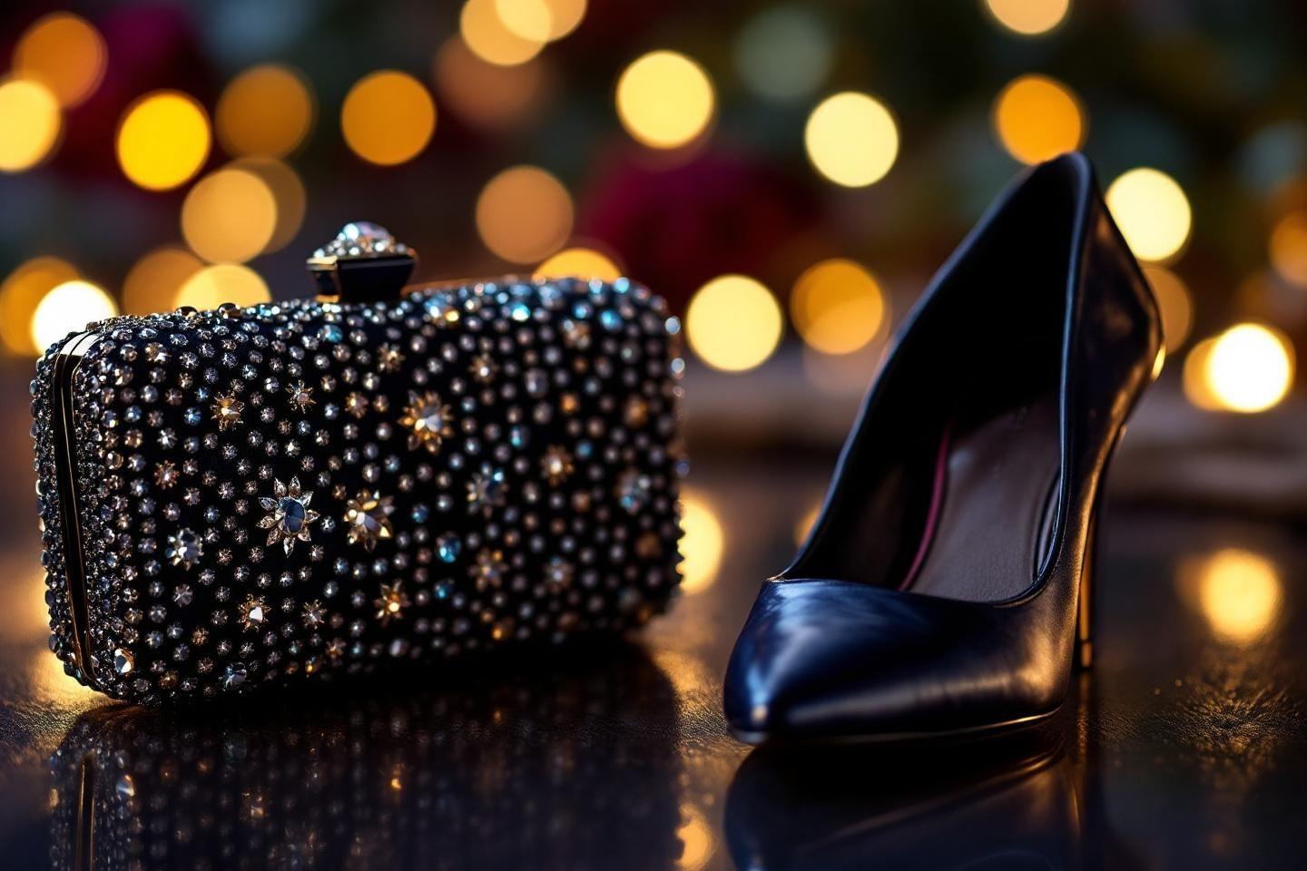 Chaussure &agrave; talons et pochette brillante dans une lumi&egrave;re festive
