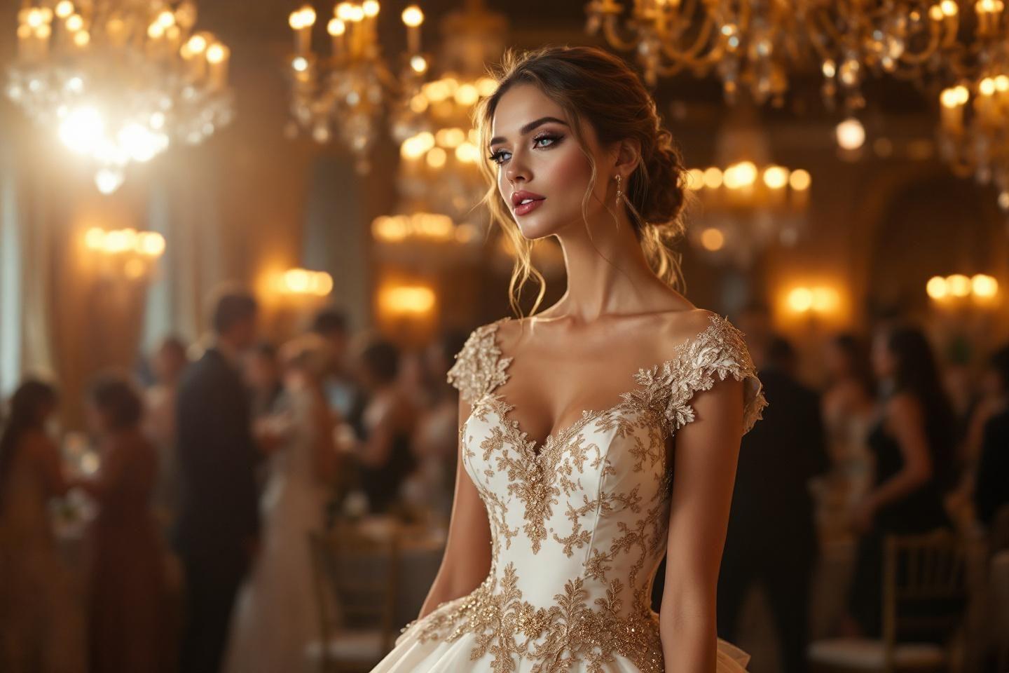 Robe blanche &agrave; dentelle, femme dans un bal somptueux