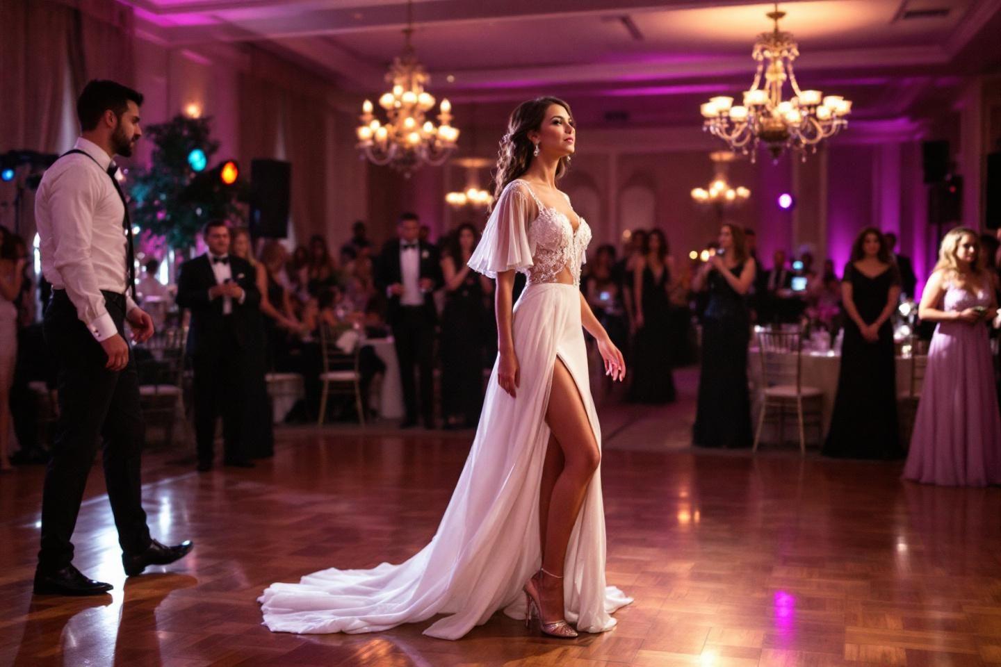 Robe blanche de mari&eacute;e sur piste de danse avec invit&eacute;s
