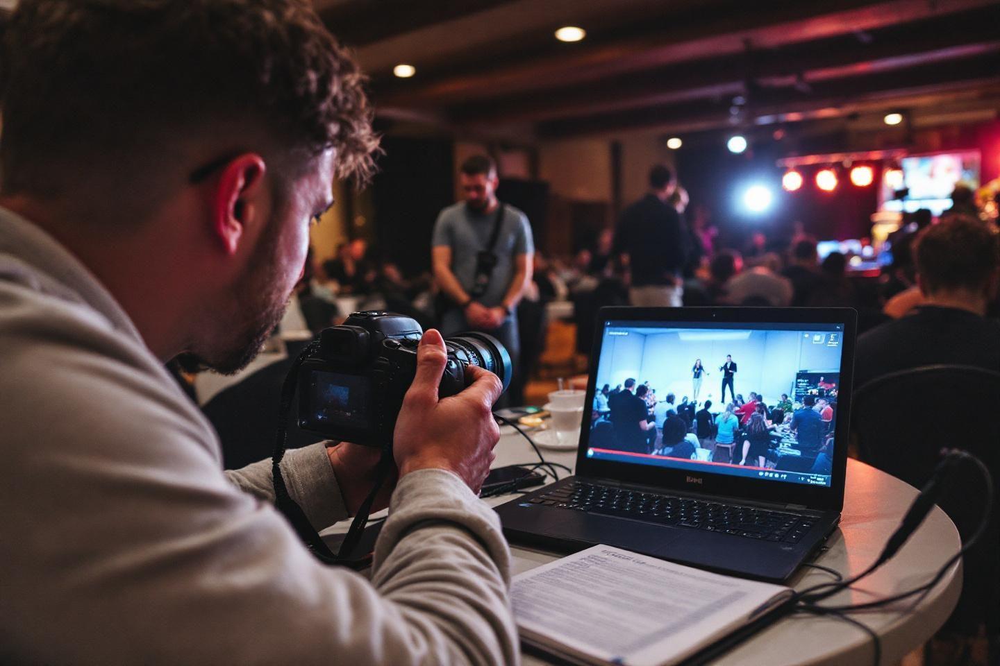 Photographe avec appareil photo et ordinateur portable lors d'un &eacute;v&eacute;nement