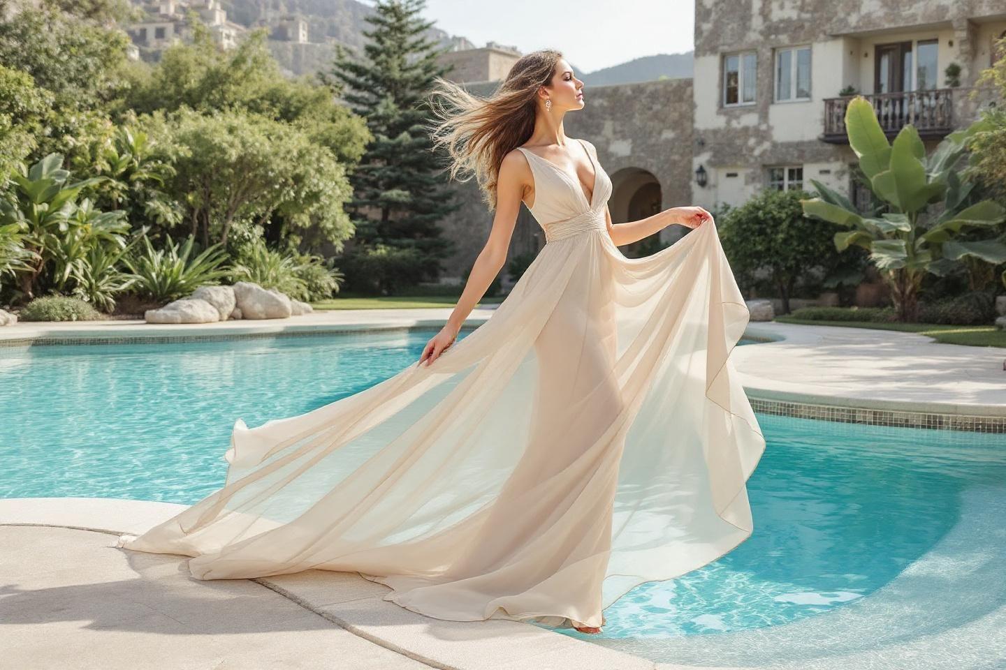 Femme en robe l&eacute;g&egrave;re dansant pr&egrave;s d'une piscine ensoleill&eacute;e