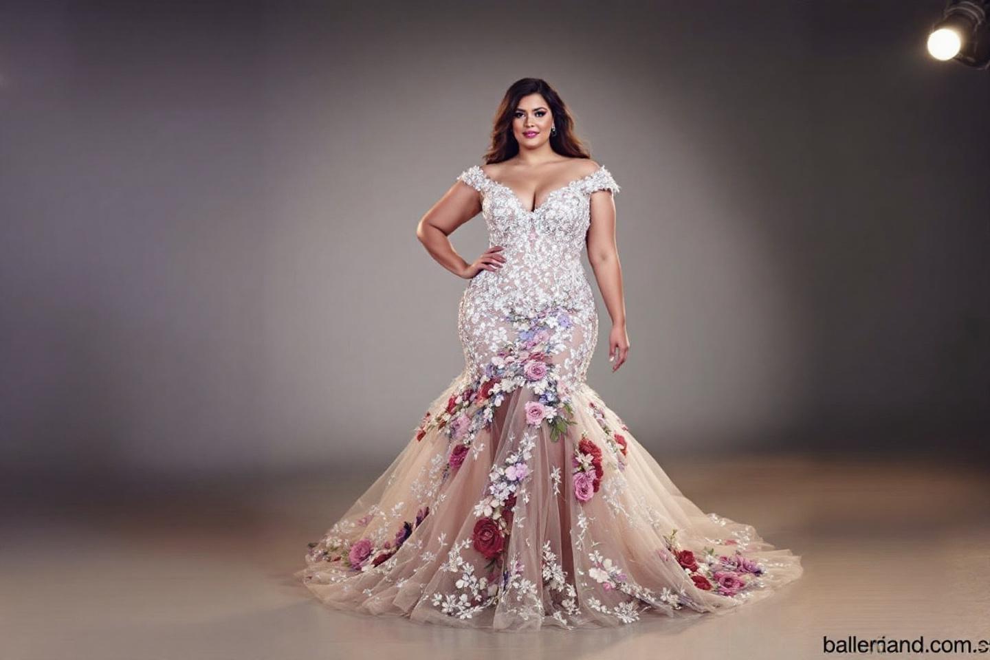 Robe de mari&eacute;e sir&egrave;ne avec broderies florales et tra&icirc;ne volumineuse