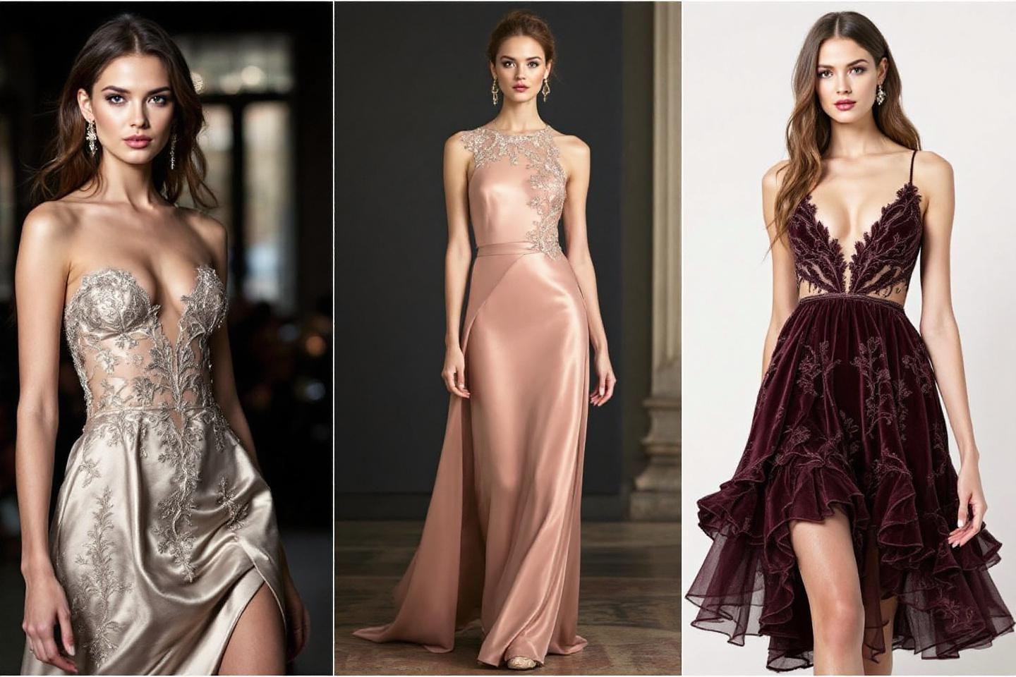 Trois mod&egrave;les de robes glamour dans diff&eacute;rentes couleurs et coupes