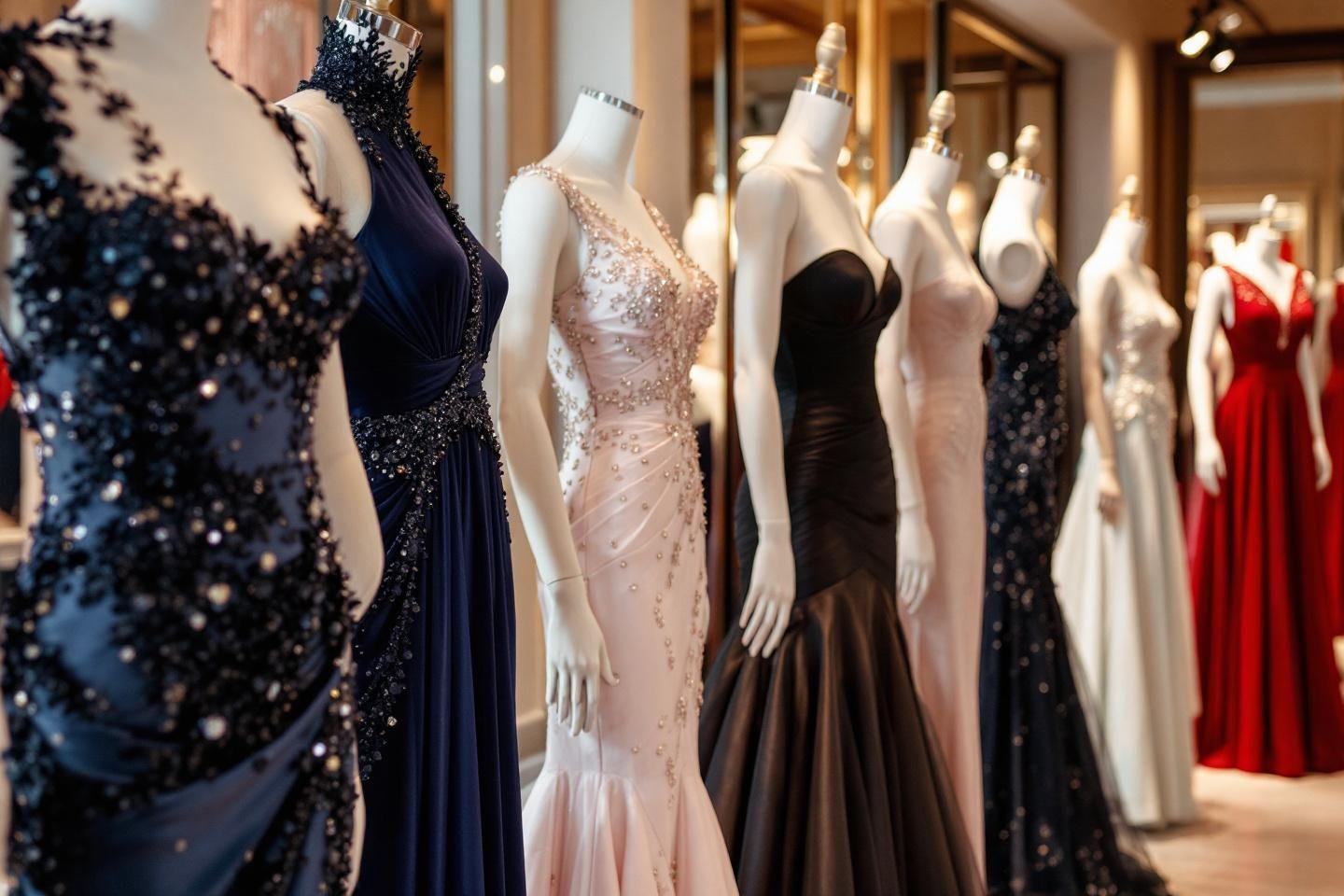 Mannequins portant des robes de soirée scintillantes de différentes couleurs
