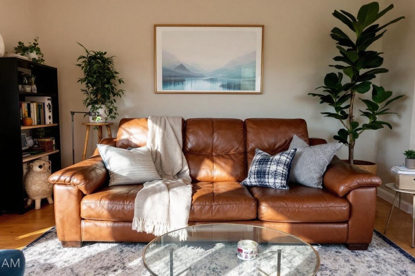 Intérieur cosy avec canapé en cuir, plantes et tableau de lac