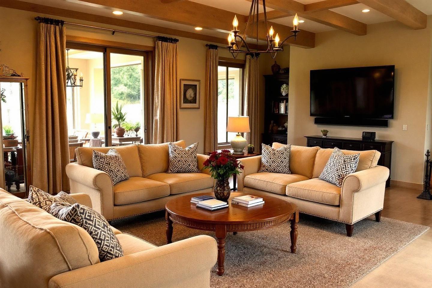 Salon confortable avec canapés, table basse et décoration rustique