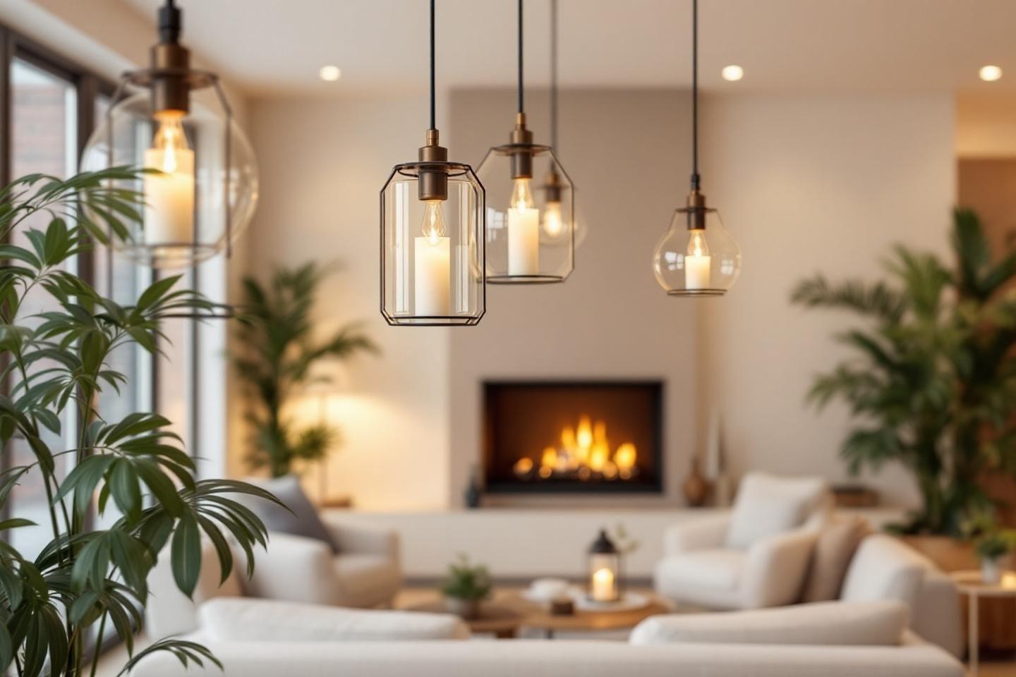 Int&eacute;rieur &eacute;l&eacute;gant avec luminaires suspendus et feu de chemin&eacute;e