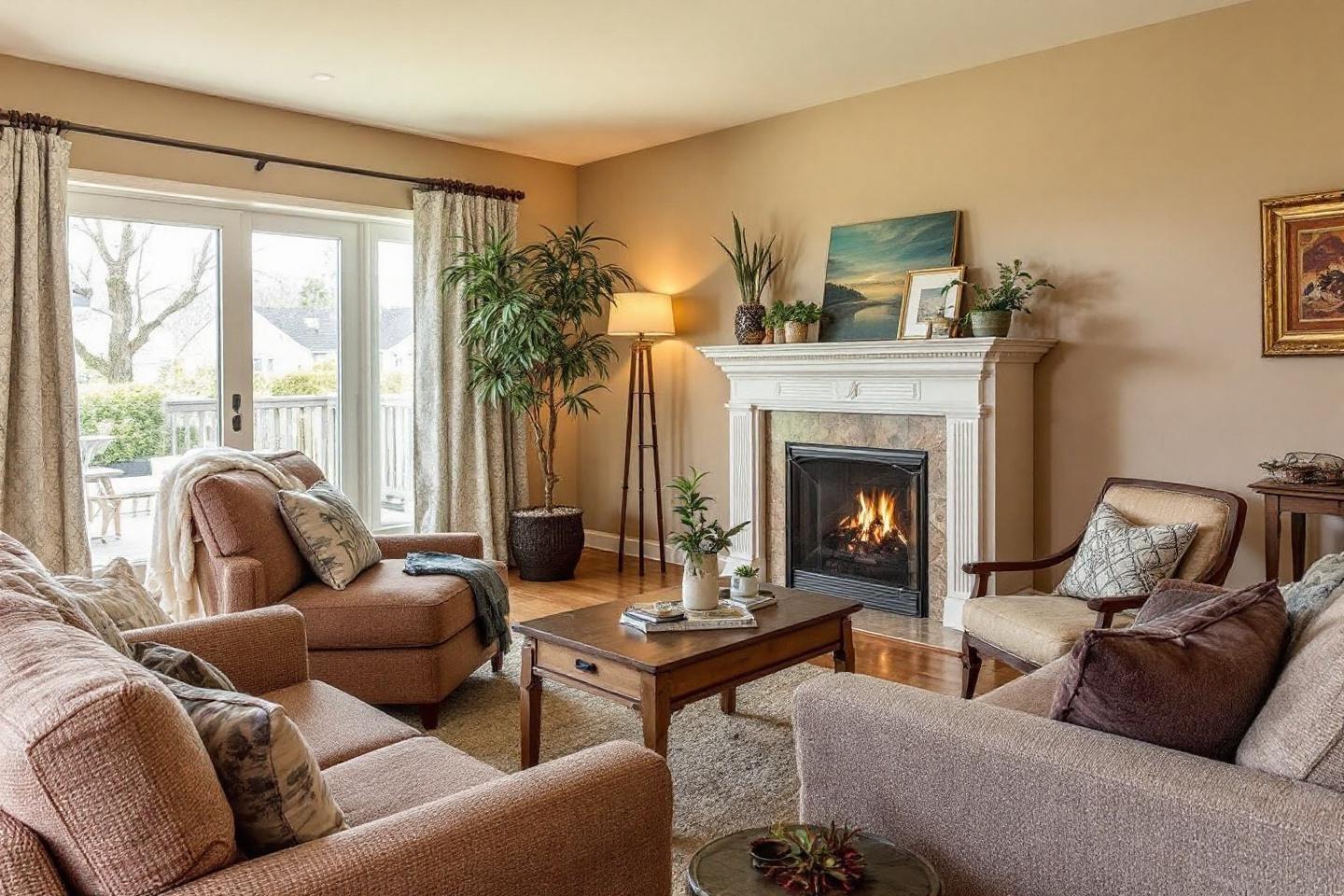 Int&eacute;rieur cosy avec canap&eacute;s, chemin&eacute;e et plantes vertes