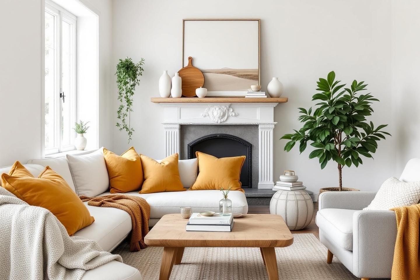 Int&eacute;rieur chaleureux avec canap&eacute; blanc, coussins jaunes et chemin&eacute;e