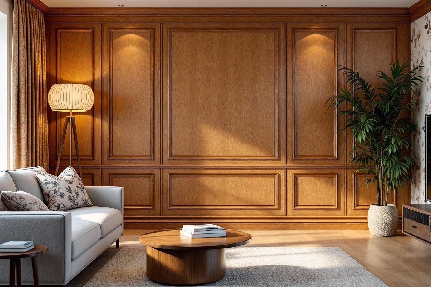 Int&eacute;rieur moderne avec lambris bois, canap&eacute; gris et plante verte