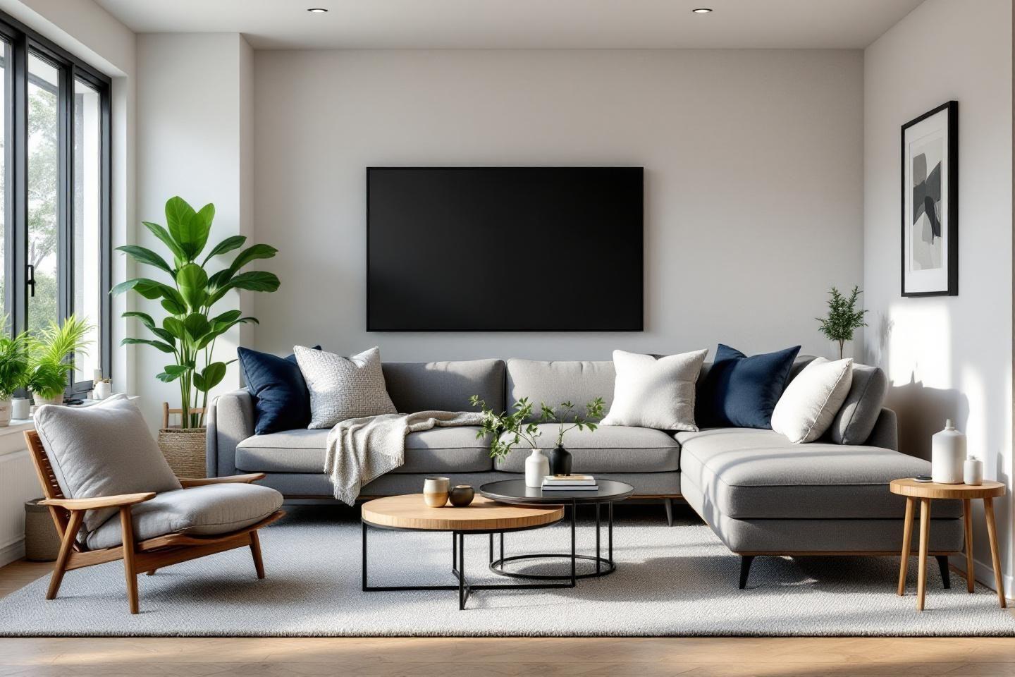 Salon lumineux avec canapé gris, plantes vertes et télévision