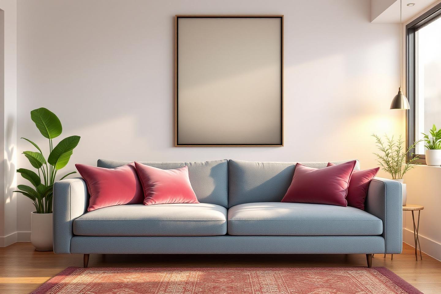 Canap&eacute; gris avec coussins roses, cadre vide, plantes vertes