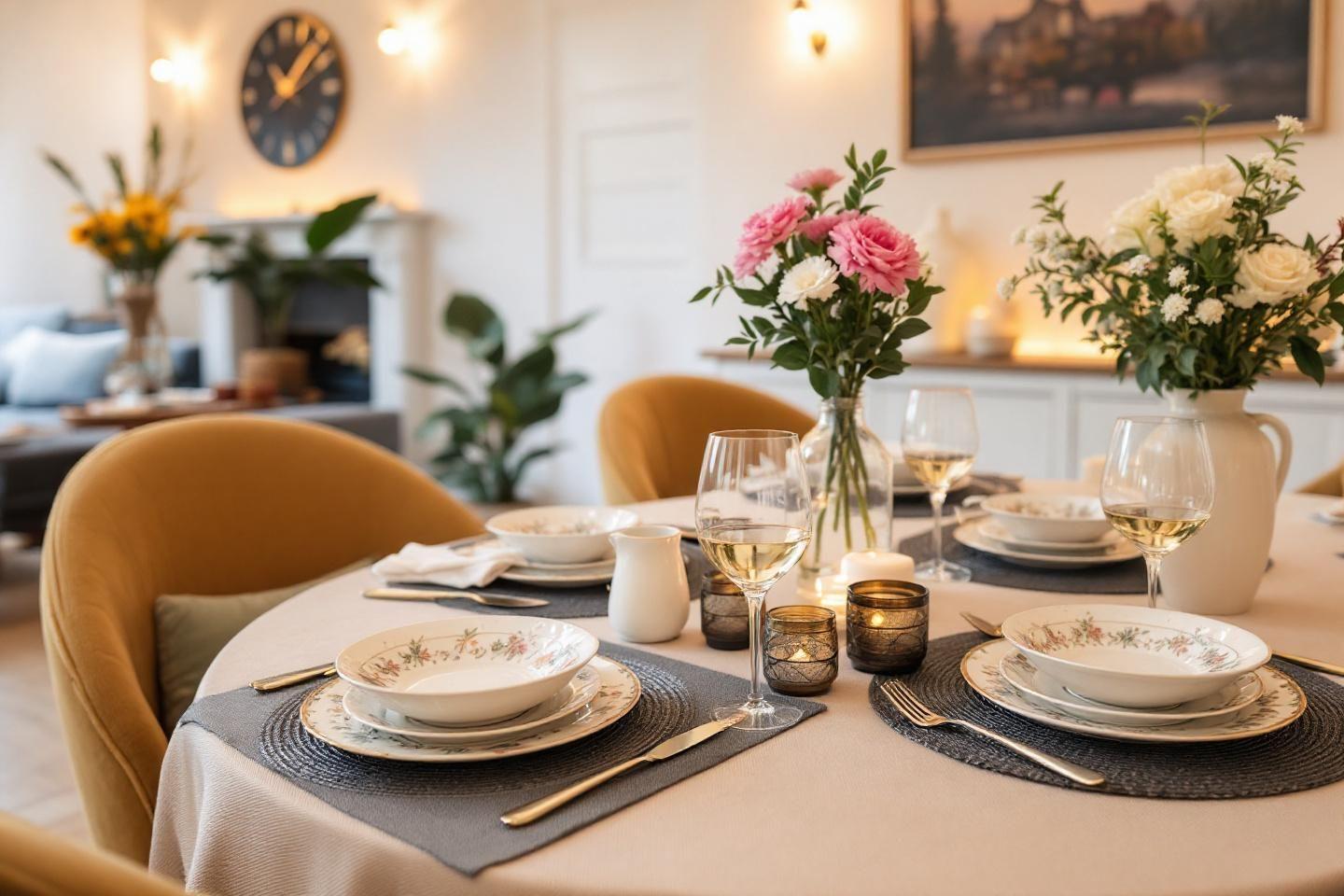 Table dress&eacute;e avec assiettes, verres, bougies et fleurs roses