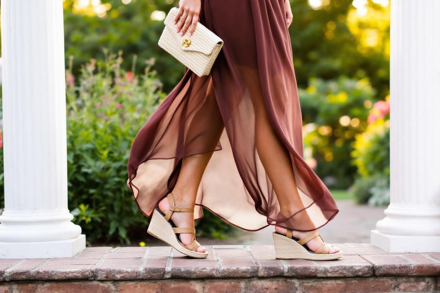 Robe bordeaux, sandales compens&eacute;es et pochette blanche