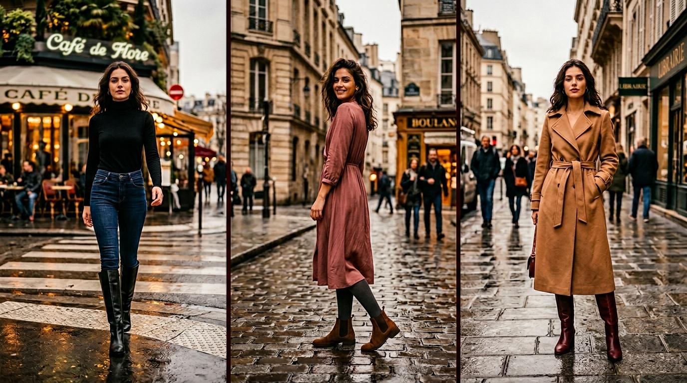 Trois femmes élégantes dans les rues mouillées de Paris