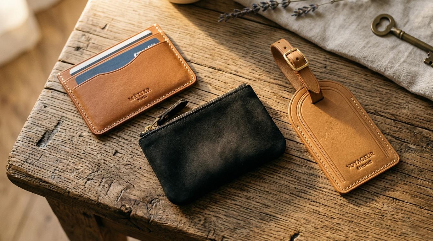 Portefeuille, porte-monnaie et &eacute;tiquette bagages en cuir