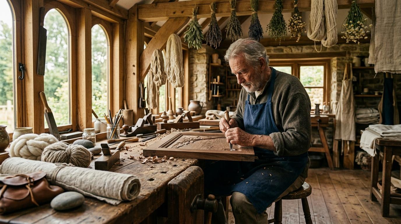 Homme &acirc;g&eacute; sculptant le bois dans un atelier traditionnel rustique.