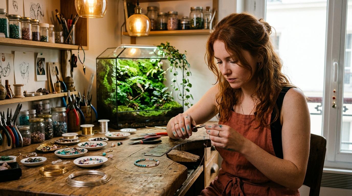 Femme confectionnant un bracelet perles dans son atelier