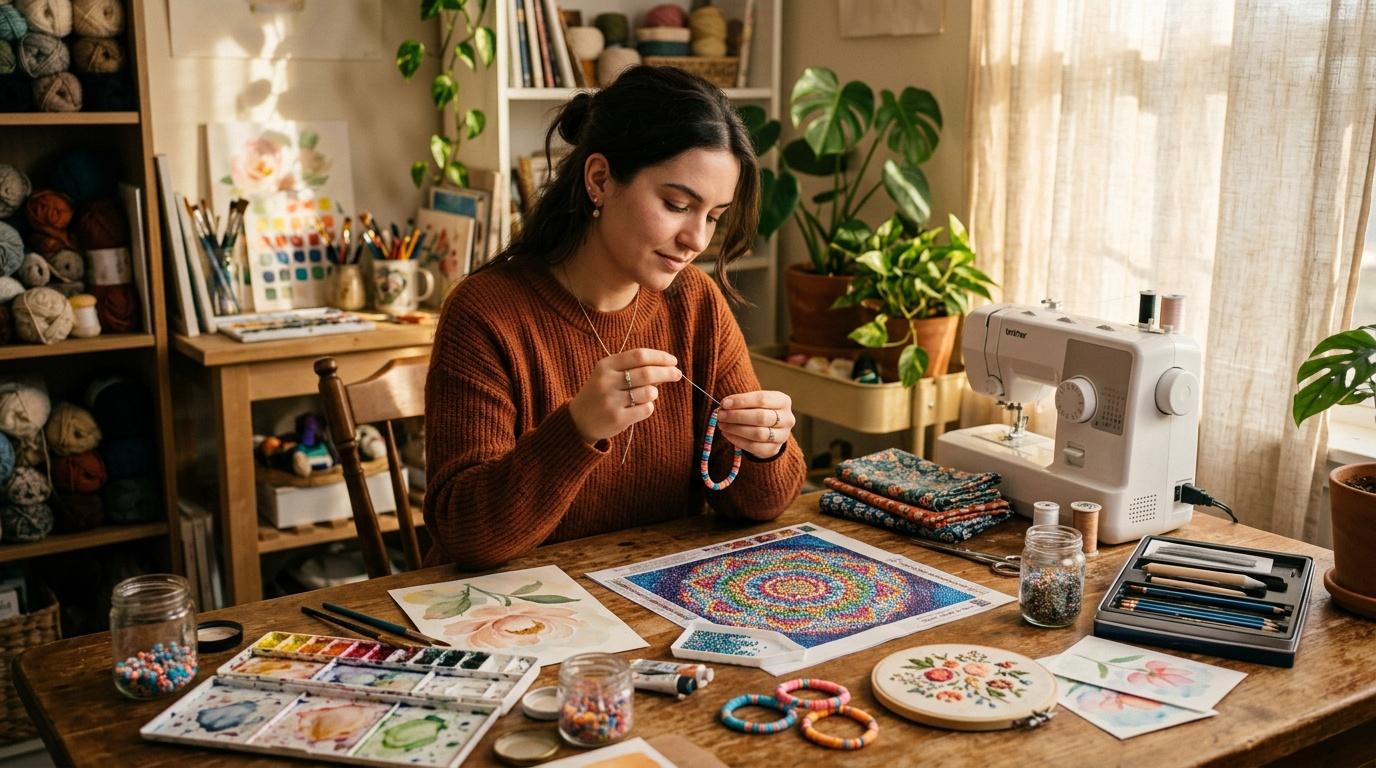 Femme confectionnant des bracelets perles dans son atelier cr&eacute;atif